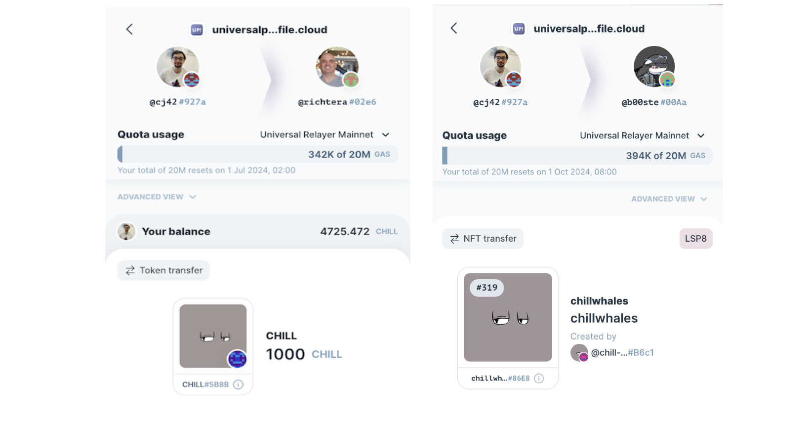 Transfering 1,000 CHILL tokens or a Chillwhale NFT between two Universal Profiles