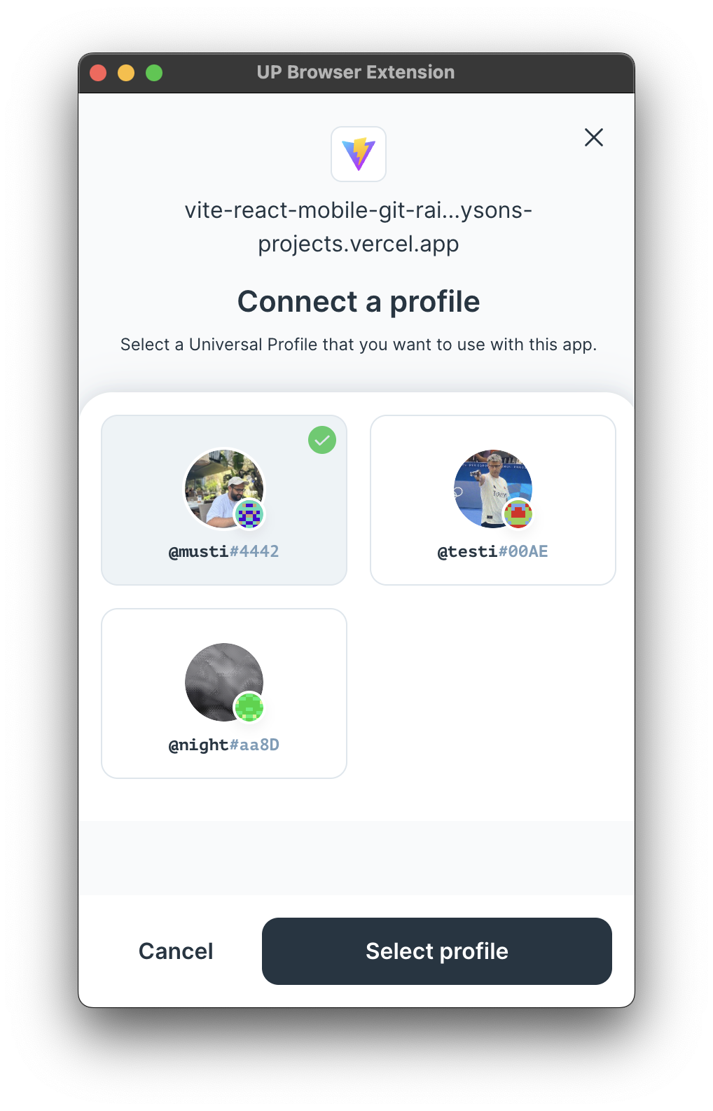 Example of UP Browser Extension Connection Screen
